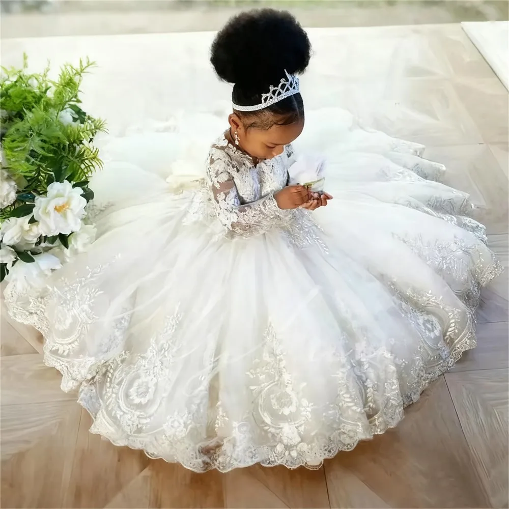 

Customized Flower Girl Dress For Wedding Appliques Lace White Full Sleeves Princess Birthday Party First Communion Ball Gown