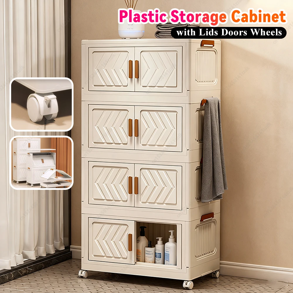 4 Tier Foldable Storage Bins with Doors Wheels & Lids Stackable Plastic Storage Drawer Organizers for Home Office Dorm Bedroom ﻿