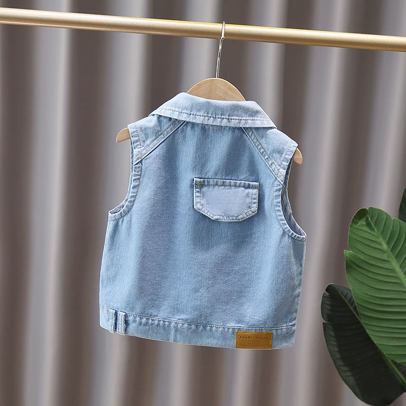 2024 Summer Boys Fashion Blue Label Button Lapel Pocket Denim Vest Coat Children\'s Clothing 1-6y