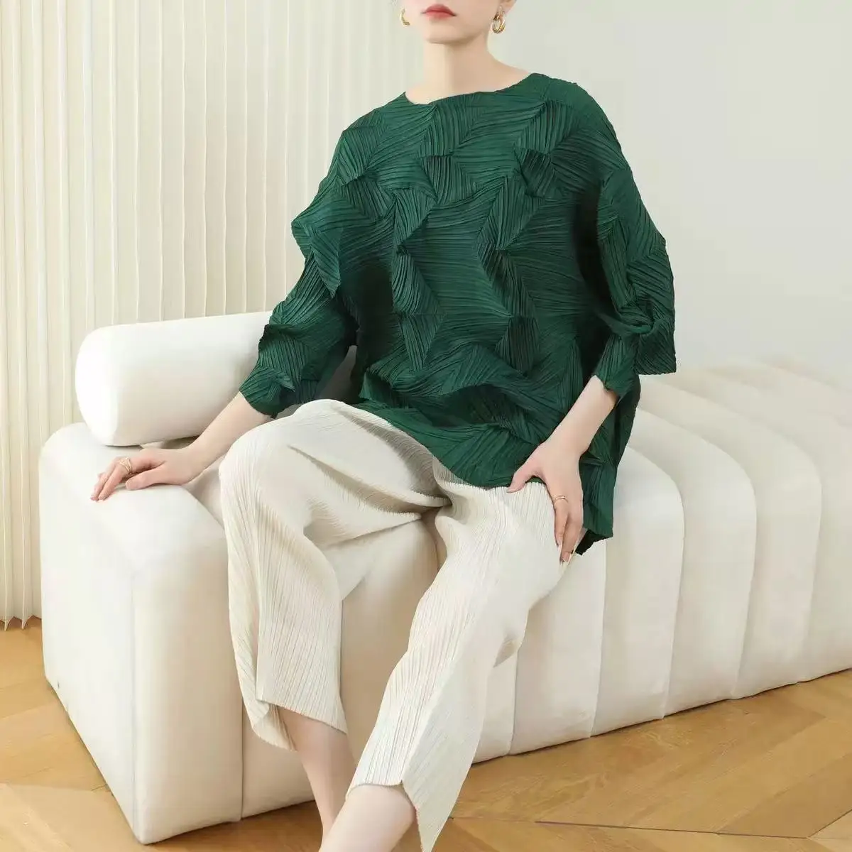 

Miyake осенний женский топ модный ромбовидный морщинистый нишевый дизайн Sense Street универсальная свободная футболка с длинными рукавами
