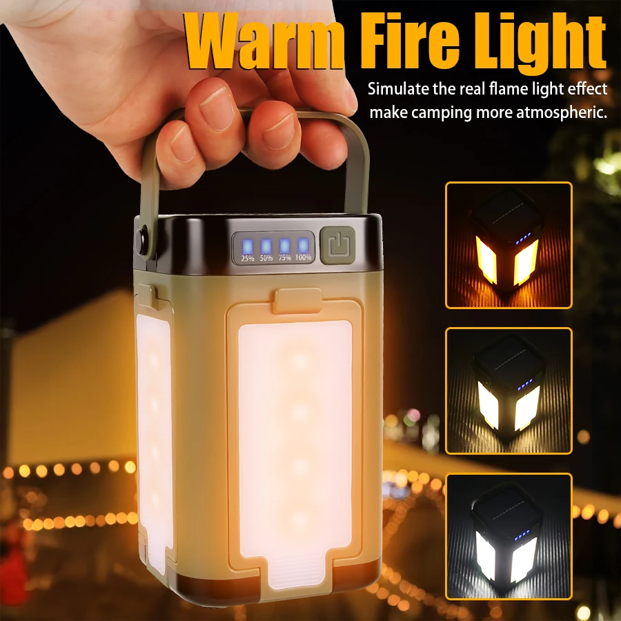 Solar Rechargeable LED Camping Lamp 4 Leaf Foldable Tent Lamp Warm Fire Atmosphere Lamp Outdoor Emergency Lighting Torch Lantern