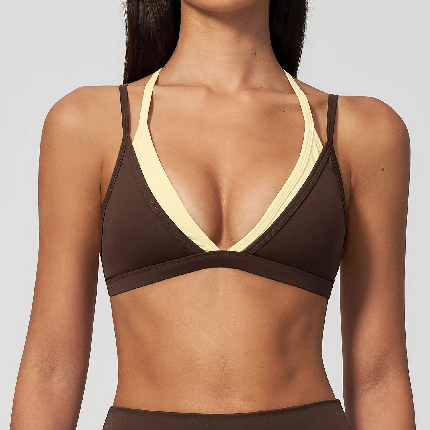 Women's Naked Feel Double Spaghetti Strap Backless Yoga Sports Bra Layered Color Block Padded Gym Workout Fitness Bra image 6