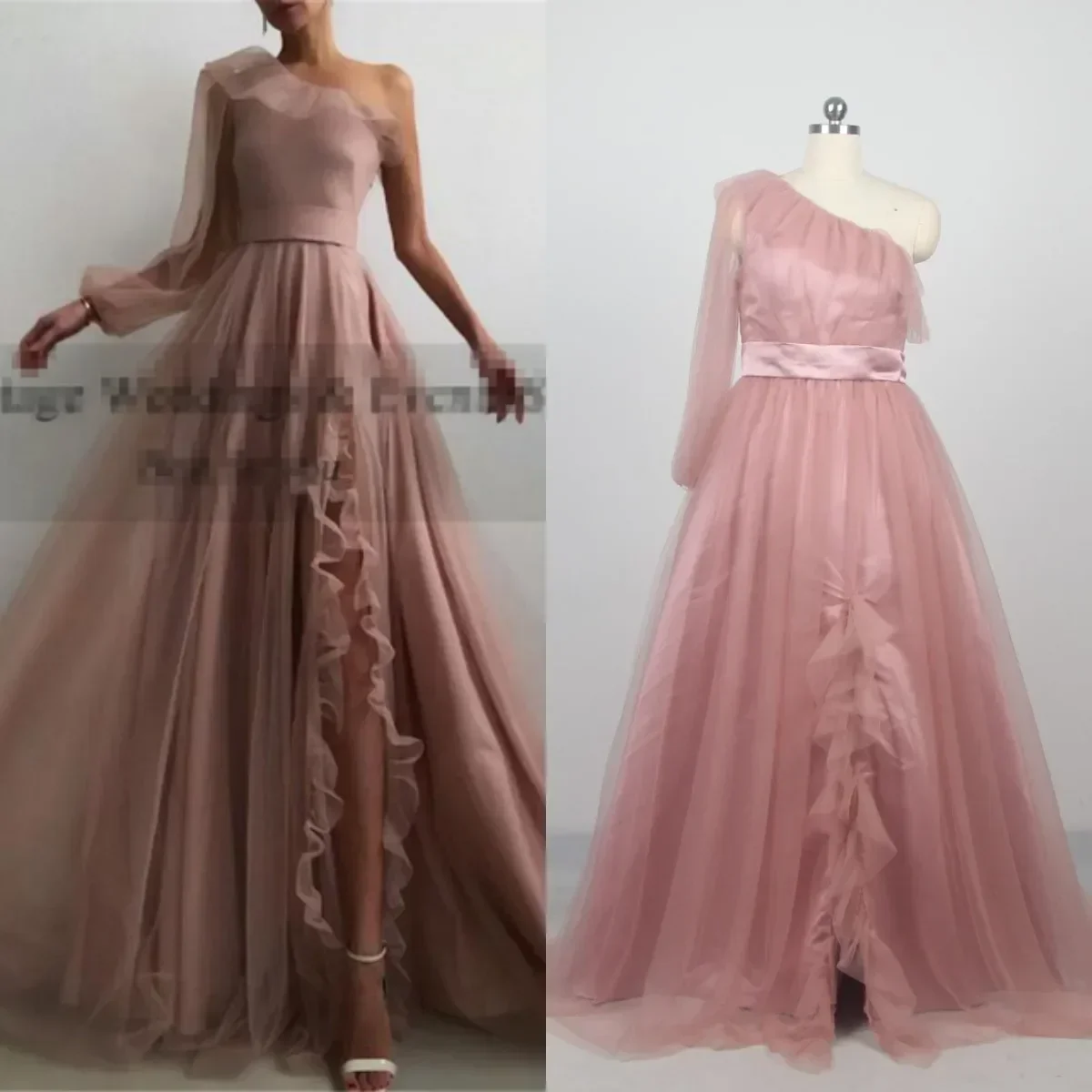 

Real Photo Evening Dress Ruched One-Shoulder Full Sleeves Sexy Floor-Length Luxurious A-Line lus size Women Formal Gown H996