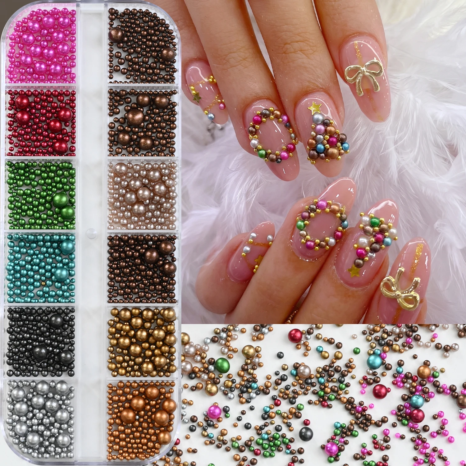 1/2Boxes Colorful Christmas Pearl Nail Charms Multi-Sizes Round Imitation Pearls Nails Decorations Red/Green Pearl Manicure Part