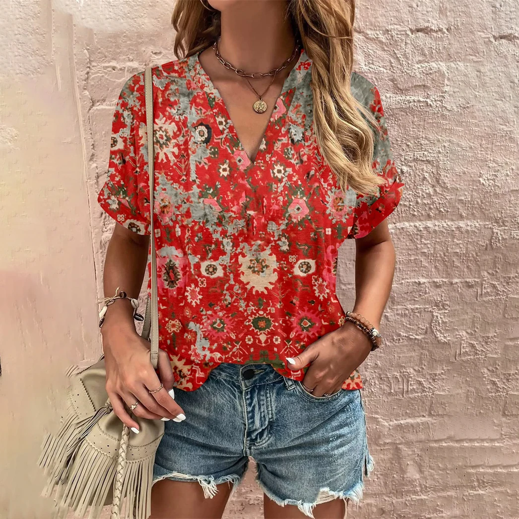 

Summer Women's T-shirt Floral Print Y2k Clothing Top Women Casual V Neck Harajuku T Shirt Fashion Short Sleeve Oversized Tees