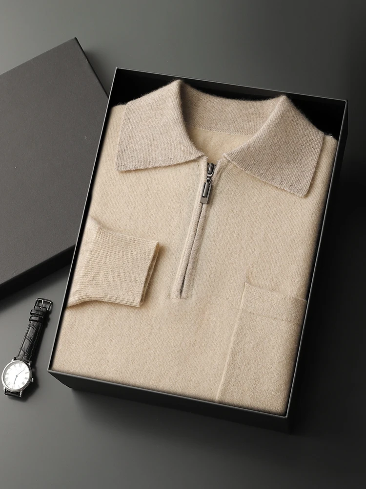 Maglione con colletto polo in colore a contrasto Autunno Inverno Pullover casual da uomo 100% maglieria in cashmere Mezza cerniera Design Abbigliamento maschile