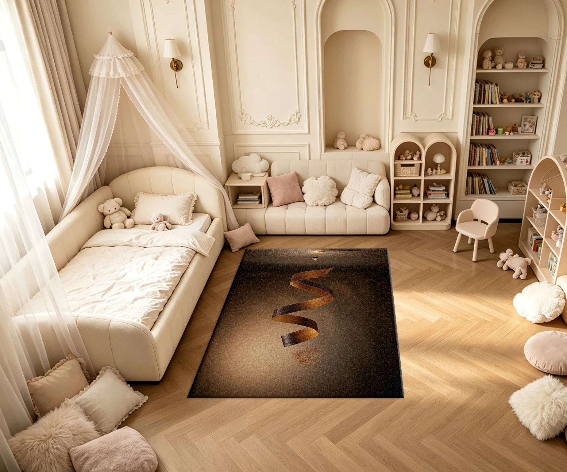 Curved Wavy Brown Wood Ribbon 3D Art Carpet Flooring Luxury Warm Tone Abstract Household Indoor Decor Floor Mat