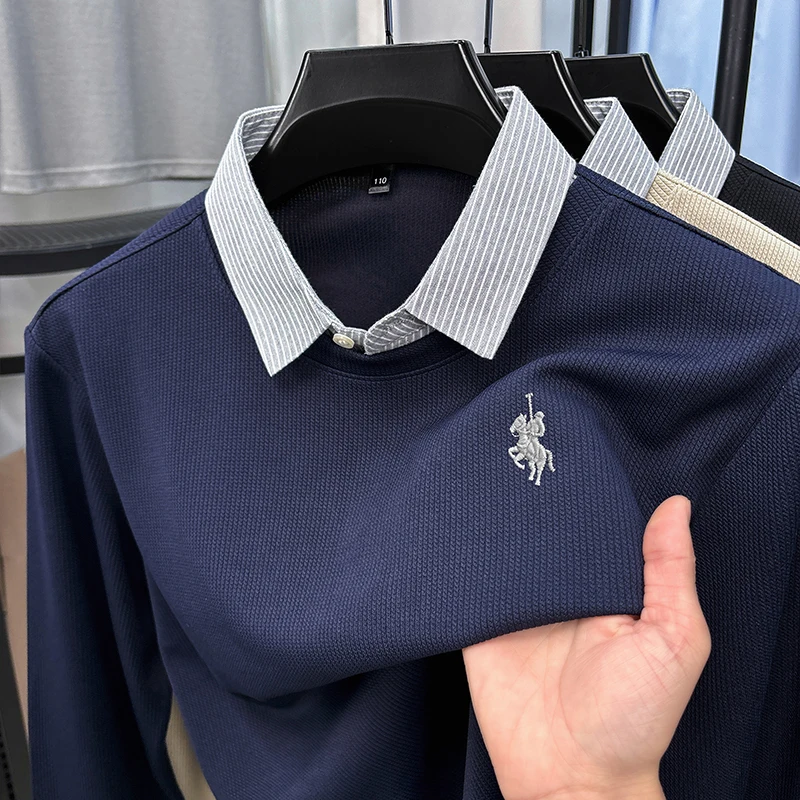 men's luxury autumn winter long sleeves false two-piece stripe lapel embroidery sweater leisure leisure business men's clothing