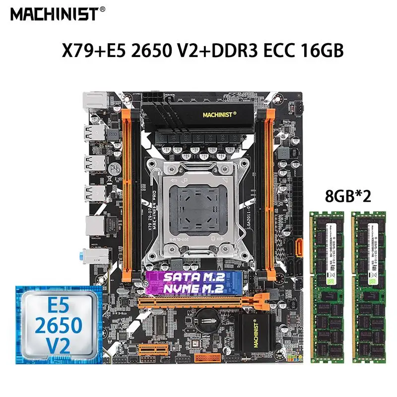 Go! MACHINIST X79 Motherboard Set LGA 2011 Kit With Xeon E5 2650 V2 Processor 16GB=2*8GB DDR3 ECC RAM Memory NVME/SATA M.2 X79