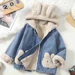 Autumn and Winter New Girl Rabbit Cartoon Cute Plush Thickened Hooded Windproof and Warm Spliced Denim Coat