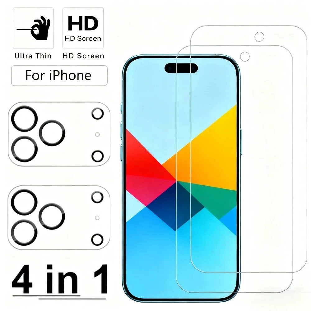 

Прозрачное закаленное стекло 4 в 1 для iPhone 17 16 15 14 Pro Max Air 16e Стекло объектива камеры для iPhone 13 12 11 Pro 16 15 14 Plus