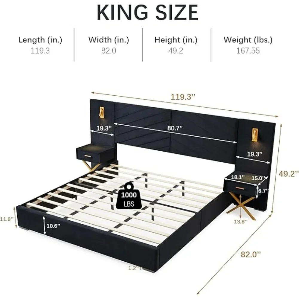 King Bed Frame with Built-in Gold LED Lights and Nightstands King Size Platform Bed with Oversize Upholstered Headboard BedFrame