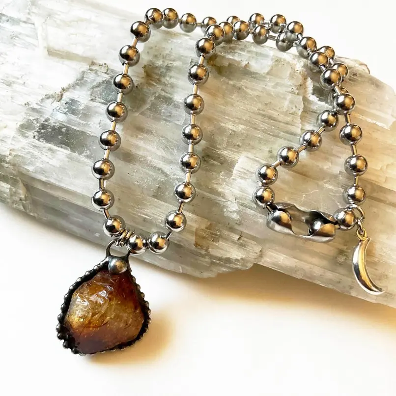 5pcs Citrine Stainless Steel Ball Chain Necklace Natural Crystal Minimal Layering Boho Witch Women Goth Gemstone Jewelry