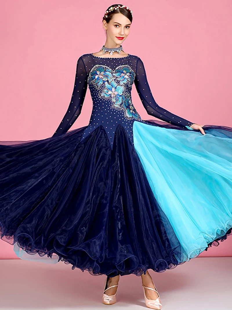 Blue Women Bright diamond Skirt Hem Mesh Modern Dance Dress Adult Female National Standard Costume Performance Dancewear S7040