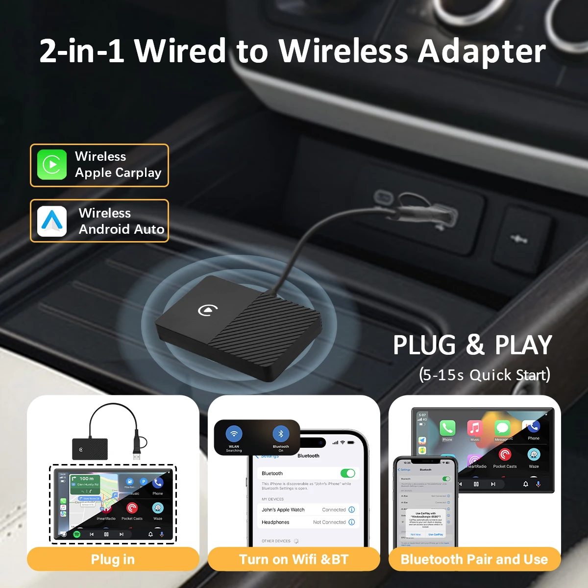 A1 Android Auto Mini Box Carplay Wireless Adapter Convert Wired to Wireless 2IN1 Plug And Play Dongle BT WiFi Fast Connec