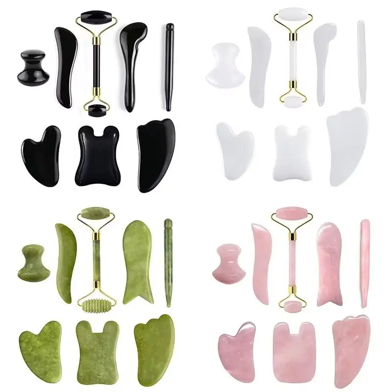 8pcs Natural Quartz Jade Stone Guasha Board Set Scraping Massager Facial Lifting Spa Gouache Scraper Acupuncture Skin Care Tools