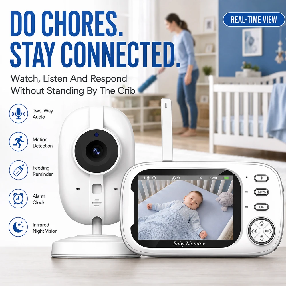 3.5 Inch Color LCD Baby Monitor Resolution Night Vision Two‑Way Audio Temperature Detect Feeding Reminder Music Baby Care Camera