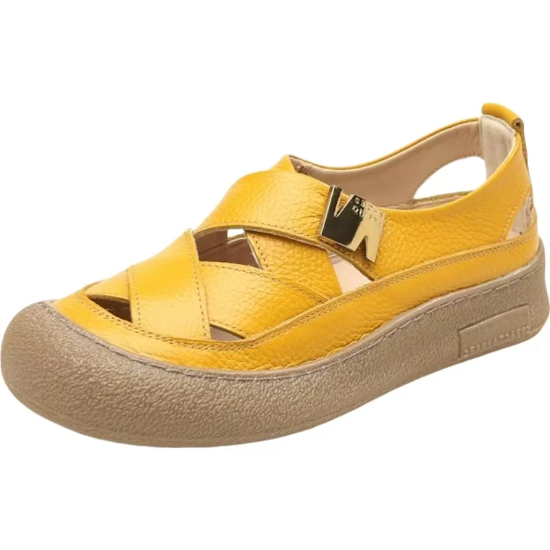 

Women Real Leather Hollow Out Flat Sole Shoes Summer New Thick Sole Non Slip Breathable Round Toe Slip On Casual Cave Sandals