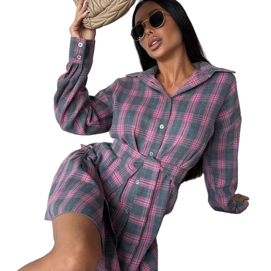 Casual Plaid Skirt Two Piece Set Women Loose Long Sleeve Shirt High Waist Mini Skirts 2 Piece Sets Fashion Commuting Outfit Suit