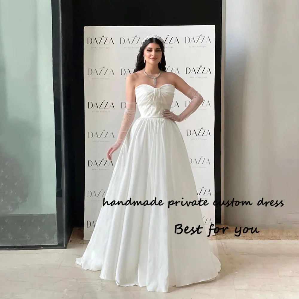 

White Satin Sweetheart Wedding Party Dresses Pleats A Line Long Formal Prom Dress Arabia Dubai Evening Party Gowns