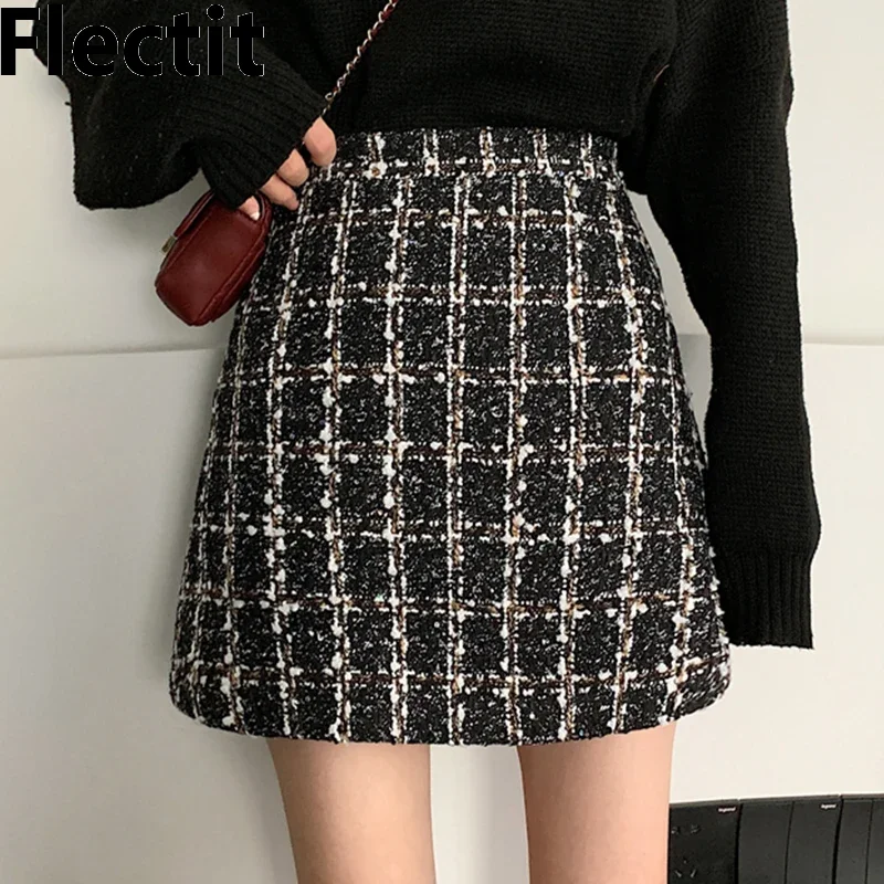 

Fall Winter Plaid Wool Skirt Womens Korean Fashion High Waist Tweed Mini Skirt Female Elegant A Line Streetwear Faldas Mujer New