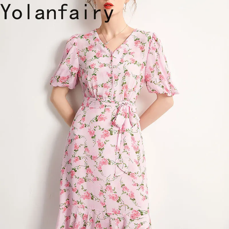 YOLANFAIRY 100%Real Mulberry Silk Dress Woman Elegant Summer Clothes V-neck Fashion Floral Pink Dress Lace-up Midi Fairy Dresses