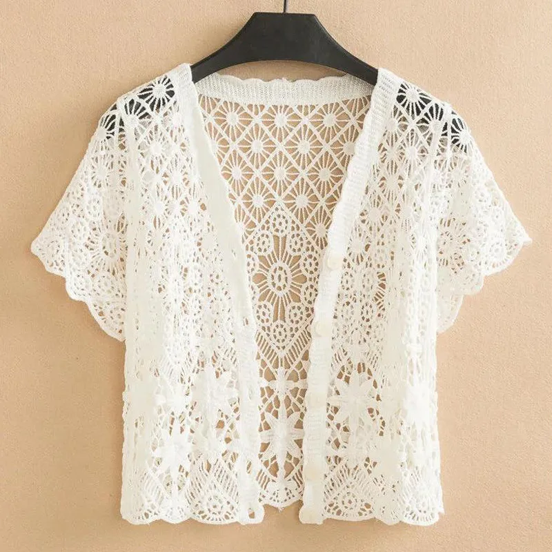 Summer -Sleeved Sun Protection Clothing Women'S Small Shawl Coat Skirt Blouse Short Top Outer Wear Hollow Knitted Cardigan