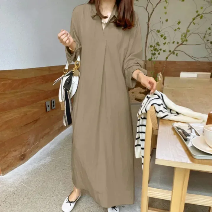 2024 Spring Cotton Linen Women Dresses Long Black V-neck Long Sleeve Loose Oversize Dresses Female Casual Trendy Ladies Clothes