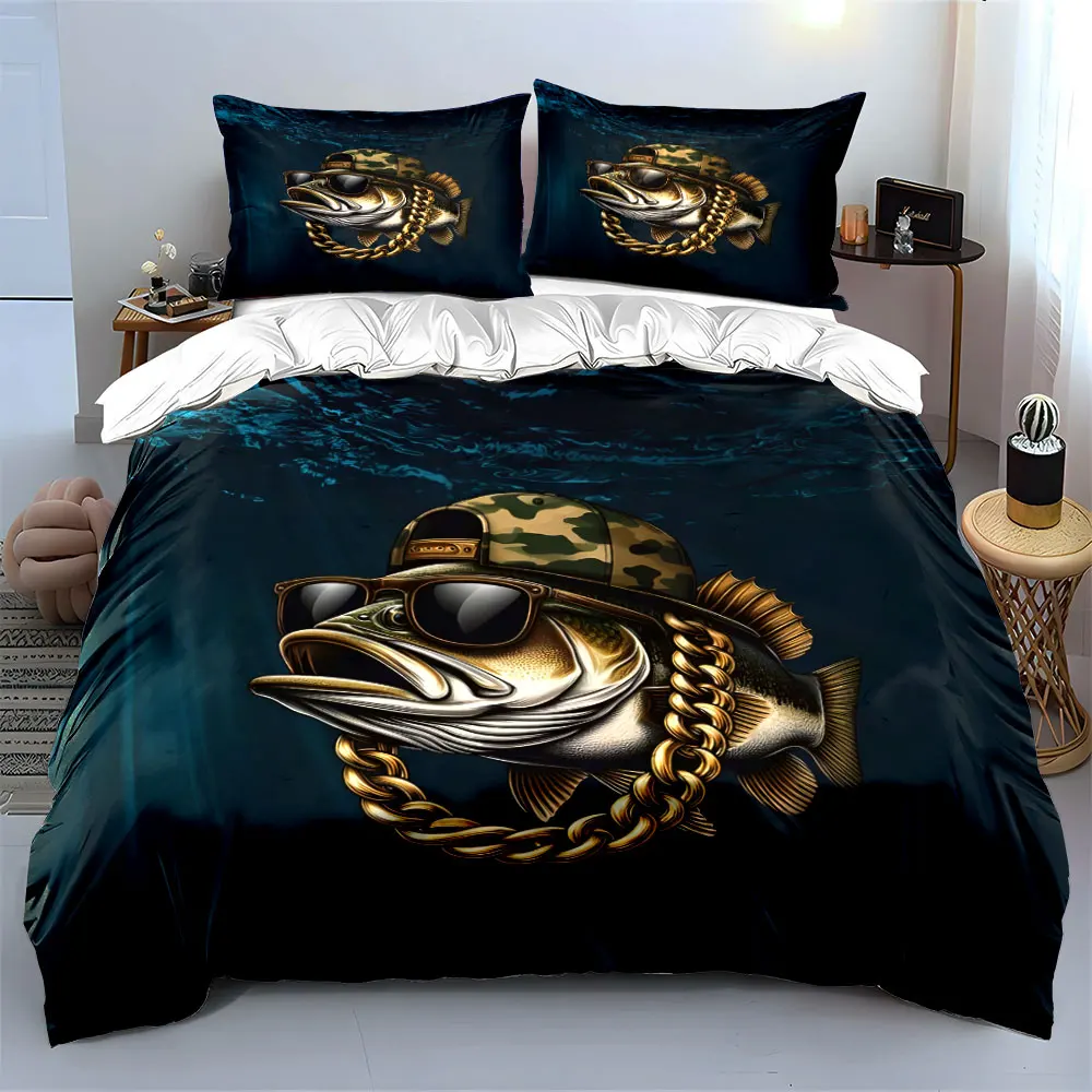 Cool Fish Decor Set Bedding Set with 1 Duvet Cover 2 Pillowcases Single Double King Queen, Gift