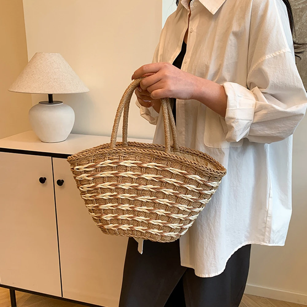 

Simple Large Capacity Weave Straw Bag Casual Commuting Beach Tote Bag Streetwear Picnic Bag Woman Bucket Handbag Lady