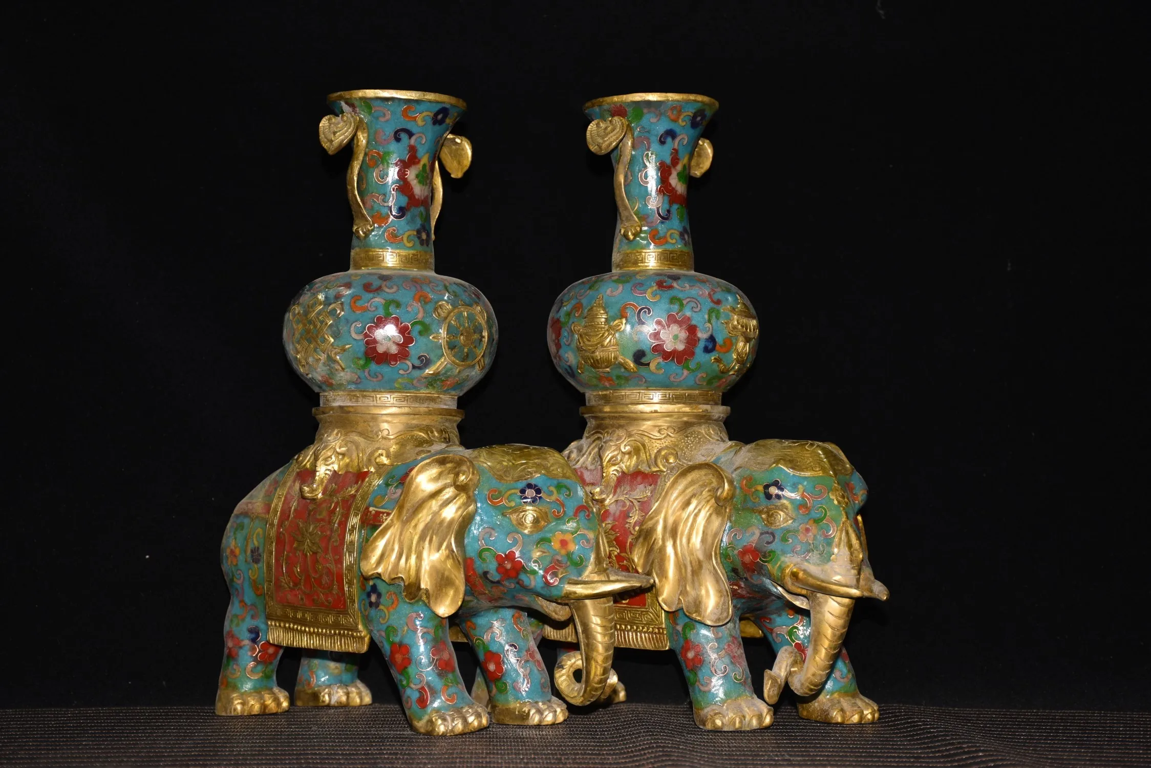 

14"Tibetan Temple Collection Bronze Cloisonne Enamel Elephant Statue Vase incense burner A pair safety Elephant Worship Hall