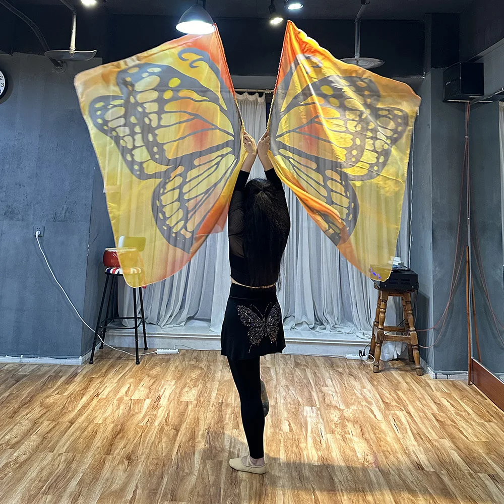 Belly Dance Flag Wings, Performance Props, Multicolor Gradient Chiffon, Half Round, Sports Meeting Flags with Telescopic Stick