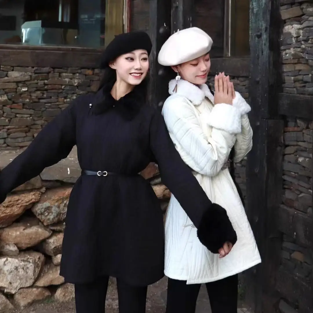 Fall/Winter 2025 Mongolian Clothing Women's Fur Collar Cotton-Padded Mid-Length Ethnic Style Robe Warm and Loose