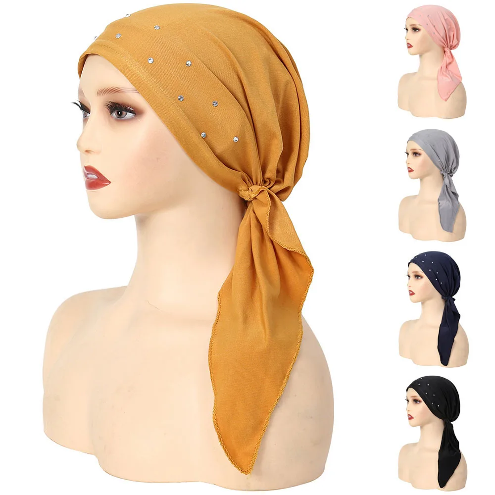 

New Rhinestone Women Muslim Turban Hat Inner Hijab Caps Islamic Underscarf Bonnet India Hats Female Soft Headwrap