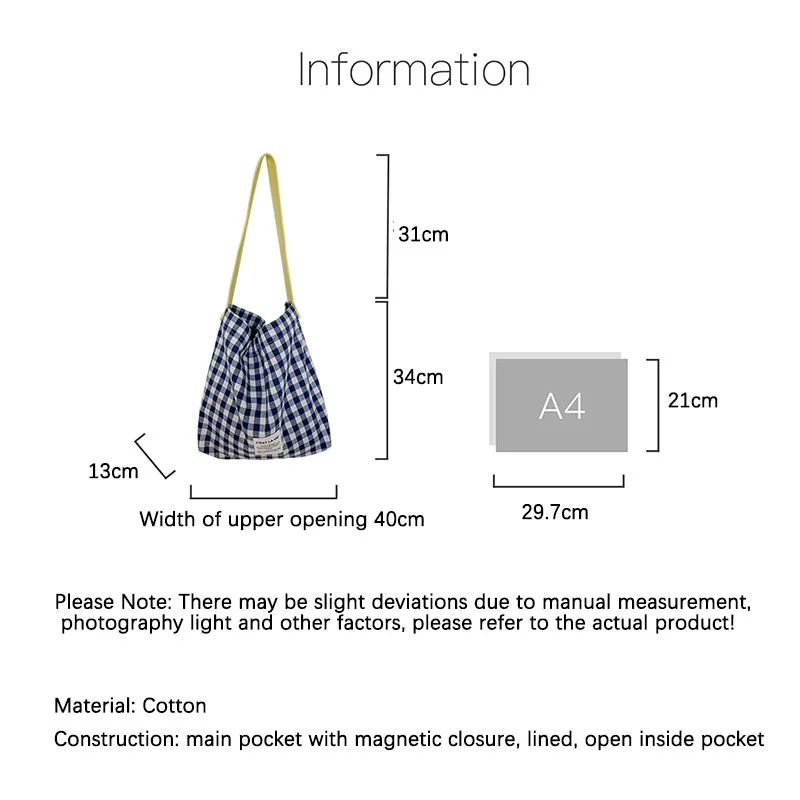 Large Capacity Collision Colour Plaid Canvas Bag Leisure Simple Shoulder Bag Shopping Bag