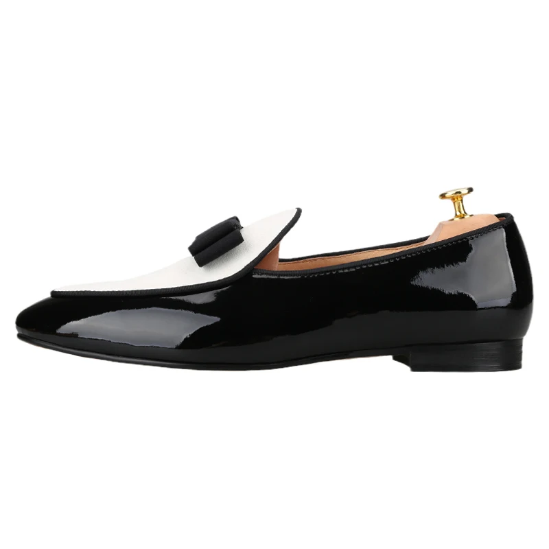 Piegitar 2026 Black Patent Leather Stitched Suede Slip-On Loafers Handmade Bow Tie Men's Dress Shoes For Party And Wedding Wear