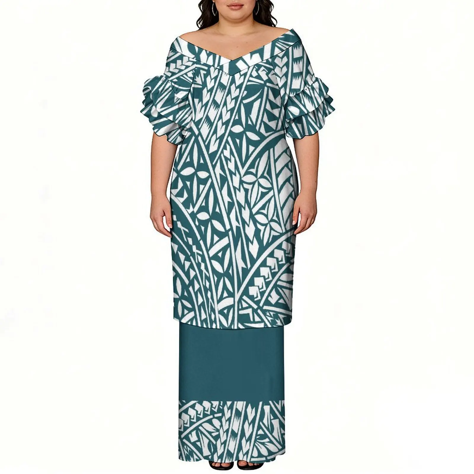 High Quality Polynesia  V-Neck  Lotus Sleeves  Two-Piece  Floor-Length Dress  High-Definition 3d Printed Pattern Puletasi