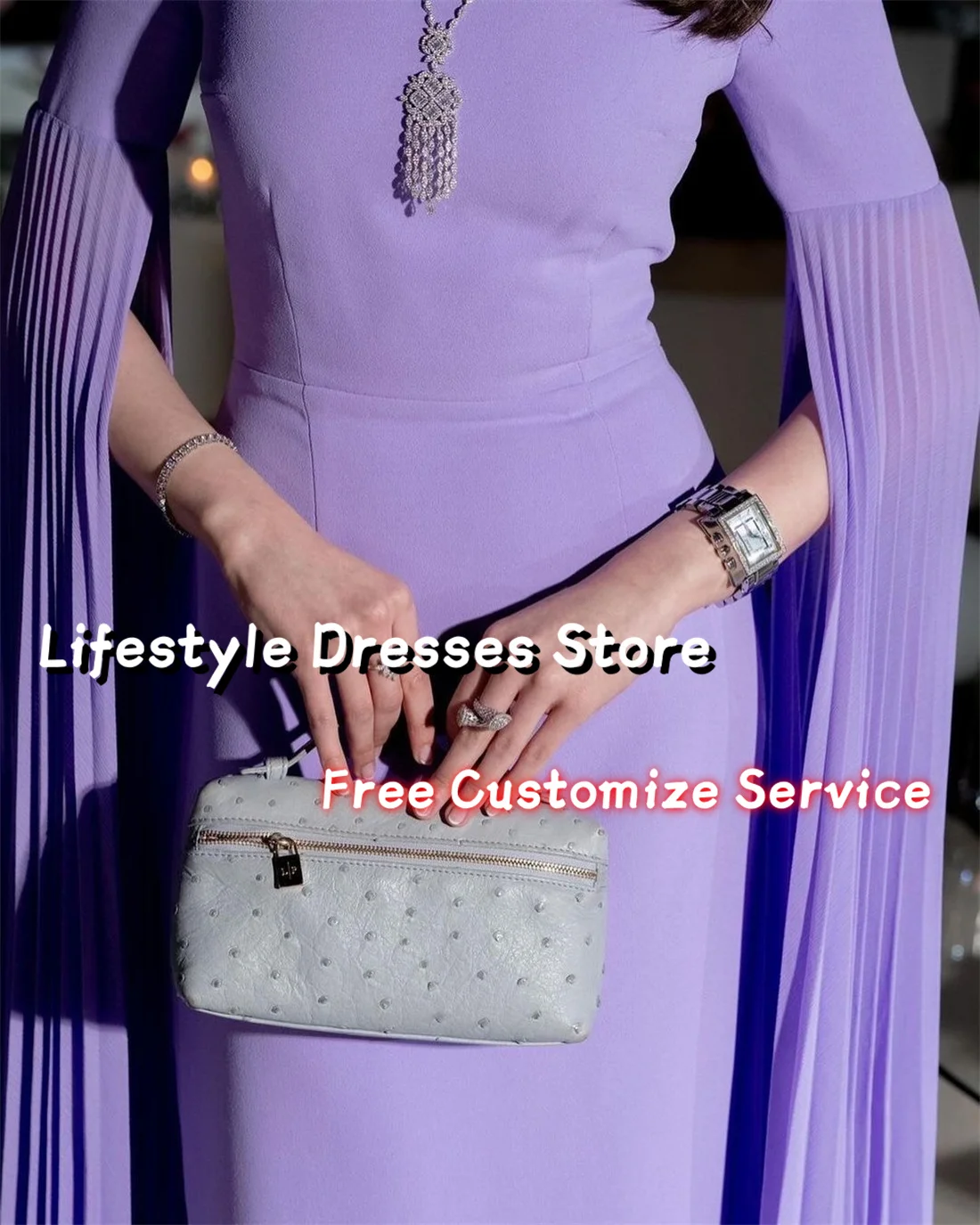 Customized Lilac Pleated Long Slit Sleeves Elegant Prom Dresses Simple Wedding Party Dress Floor-Length Evening Dress 2024