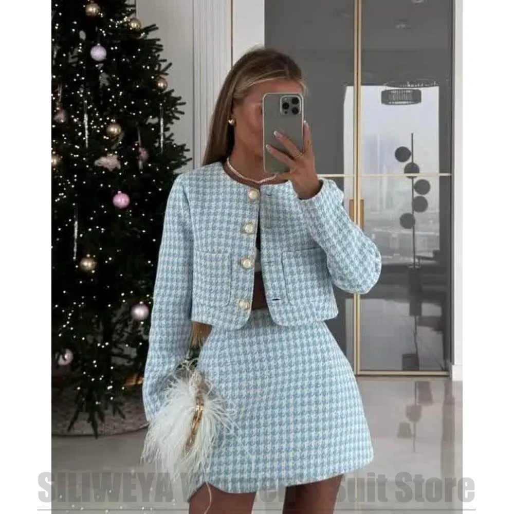 

Chic Women's Houndstooth Suit Blazer and Mini Skirt Set Pearl Buttons Design Fashion Elegant Prom Party Evening Outfit 2 Piece