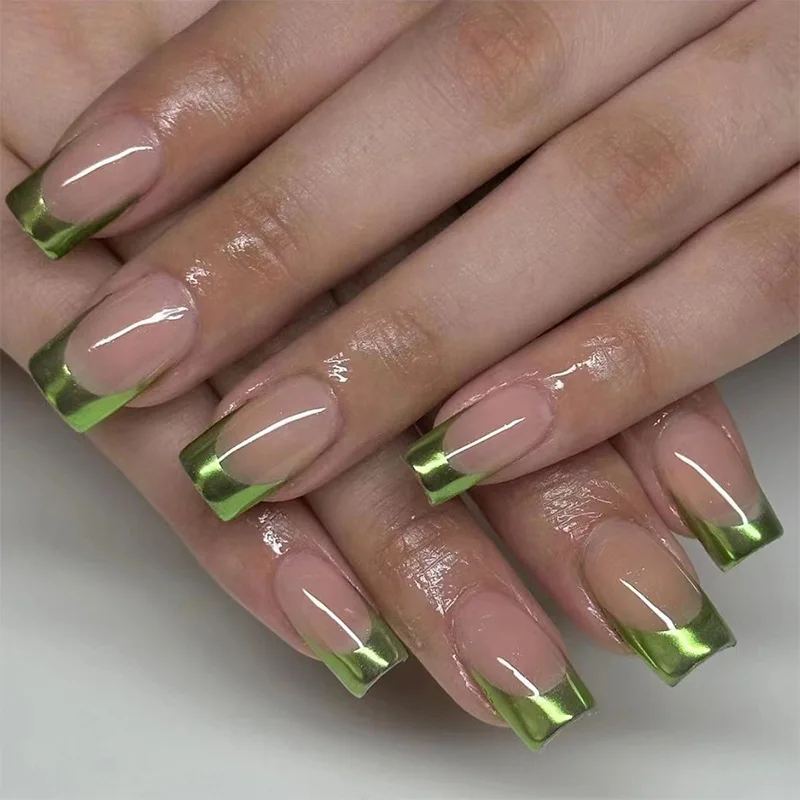 

24Pcs Long Coffin Press-on Nails: Sheer Pink Base with Vivid Green Border - Minimalist & Fresh False Nails With Wearing Tools