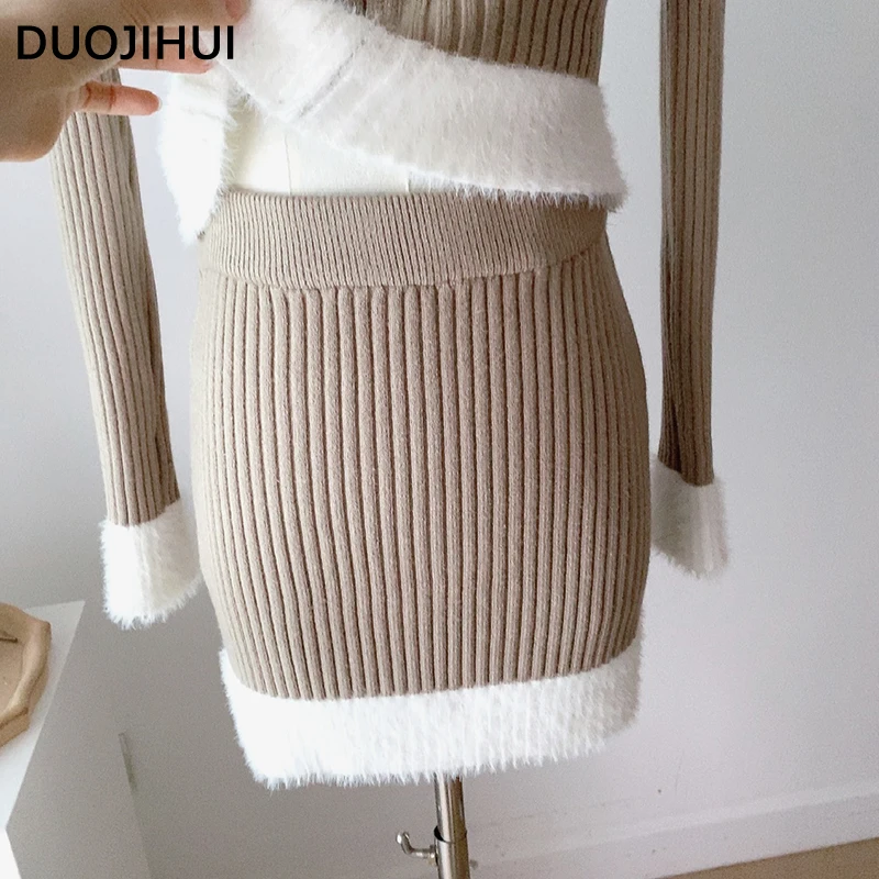 Duojihui Klassiek Tweedelig Casual Gestreepte Damesrokken Met Chique Rits Vest Eenvoudig Contrastkleur Slanke Damesrokken Met Hoge Taille