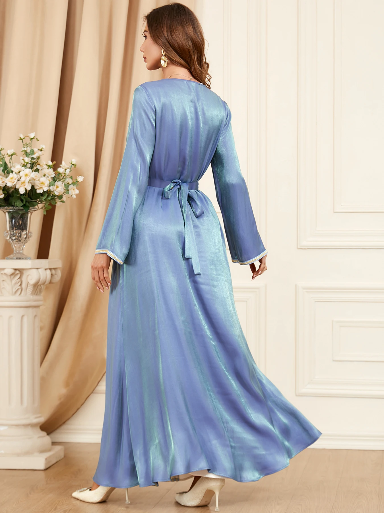 Autumn Elegant V Neck Party Dress for Women Muslim Abaya 2 Piece Set Kimono Morocco Caftan Kaftan Robe Arabic Dubai Islamic