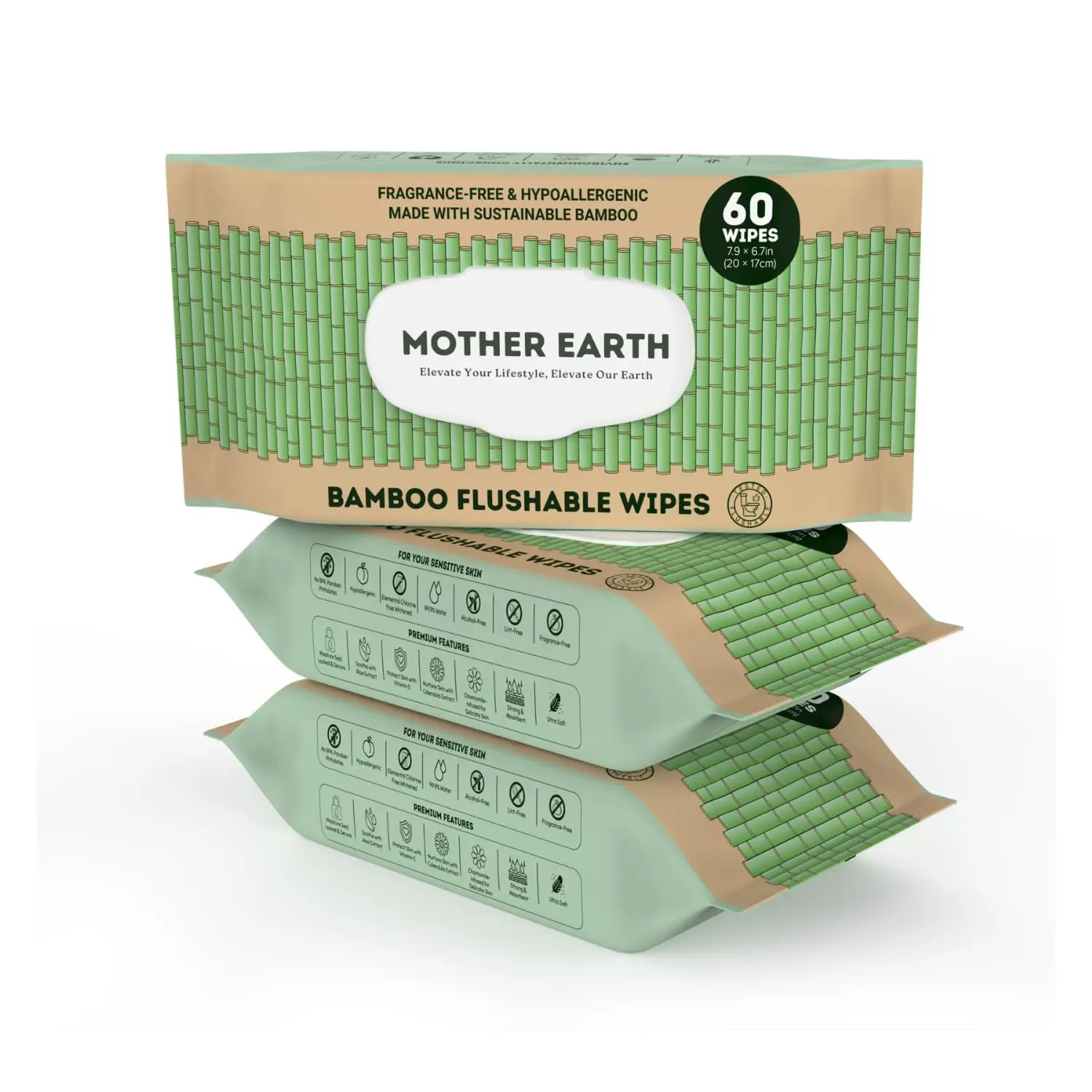 

Bamboo Flushable Wipes for Sensitive Skin, Hypoallergenic, Unscented Toilet Wipes (Pack of 3, 180 Count)