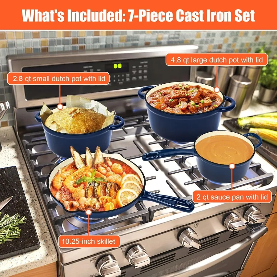 Nonstick Enameled Cast Iron Cookware Set Frying Pan Skillet 7Pcs Pots and Pans with Lid Healthy Round Dutch Oven Pot for Sourdo