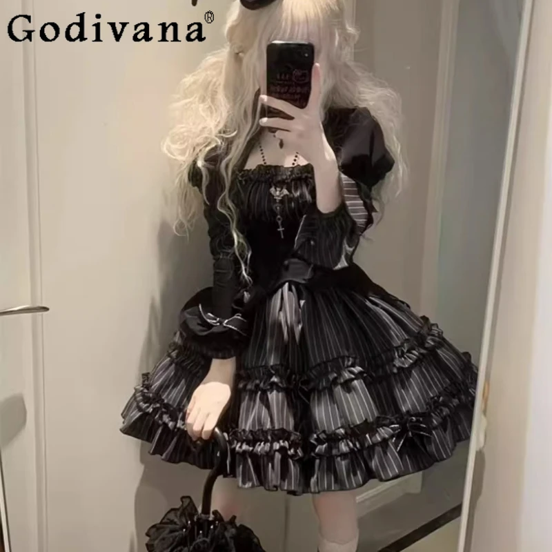 

Милый комплект балетной юбки для женщин, кукольный стиль, Лолита, искусственный топ из двух предметов, полосатая короткая юбка, костюм, женская принцесса, черные наряды