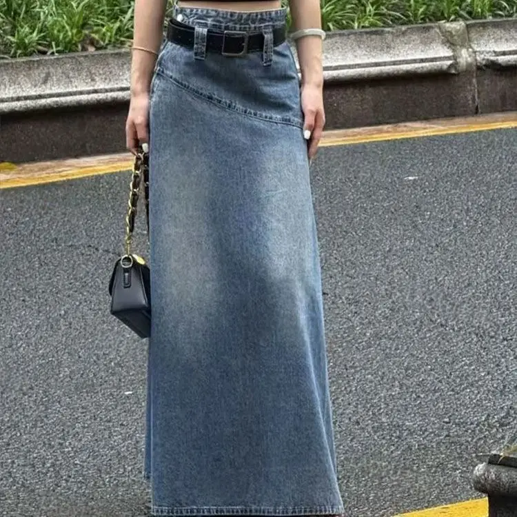 

Retro washed blue fishtail denim skirt women's 2025 summer new Korean high waist medium and long a-word skirt tide