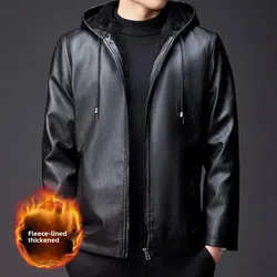 Winter High-end Men's Hooded Leather Jacket with Waterproof Windproof and Plush Insulation Men Clothing