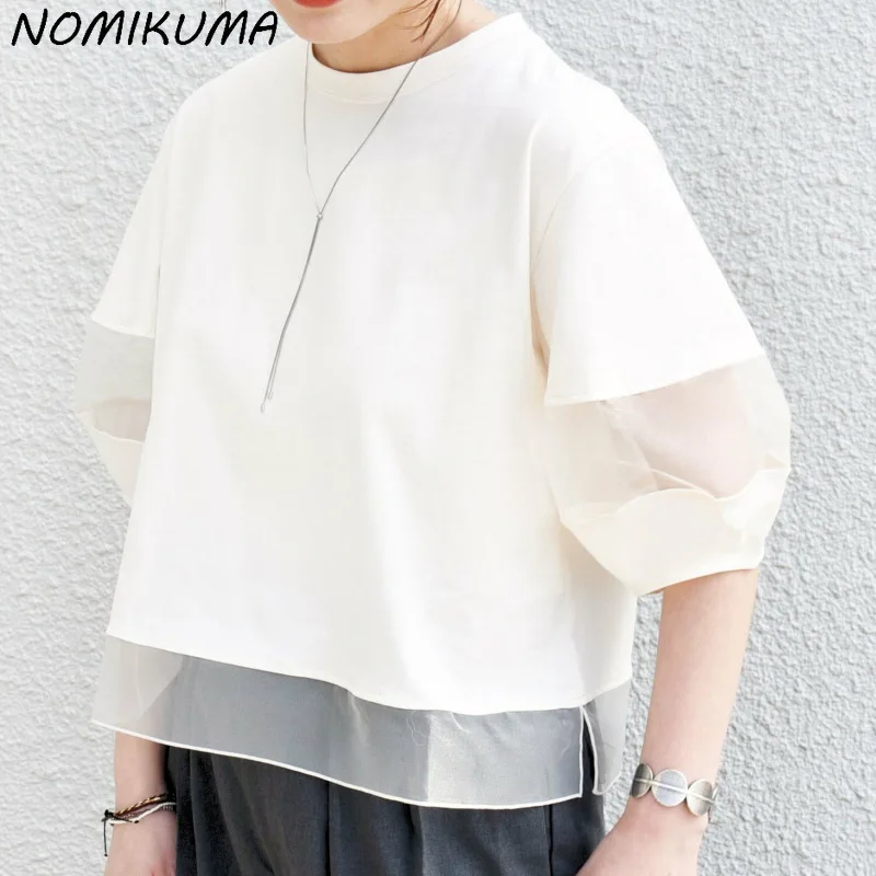 Nomikuma Japan Style Summer New Short Sleeved T-shirt Causal Patchwork Chiffon Top 2024 Fashion Sweet Doll Shirt