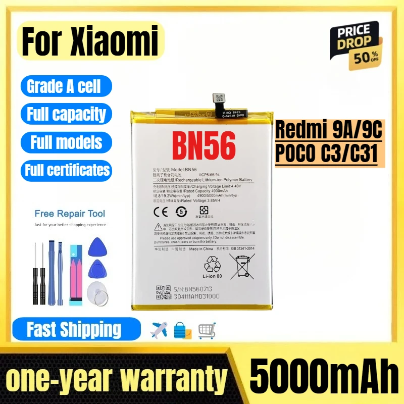 

BN56 for Xiaomi Redmi 9A/9C/POCO C3/C31 Phone Battery High Quality High Capacity Replacement Bateria Grade A Cell with Tools