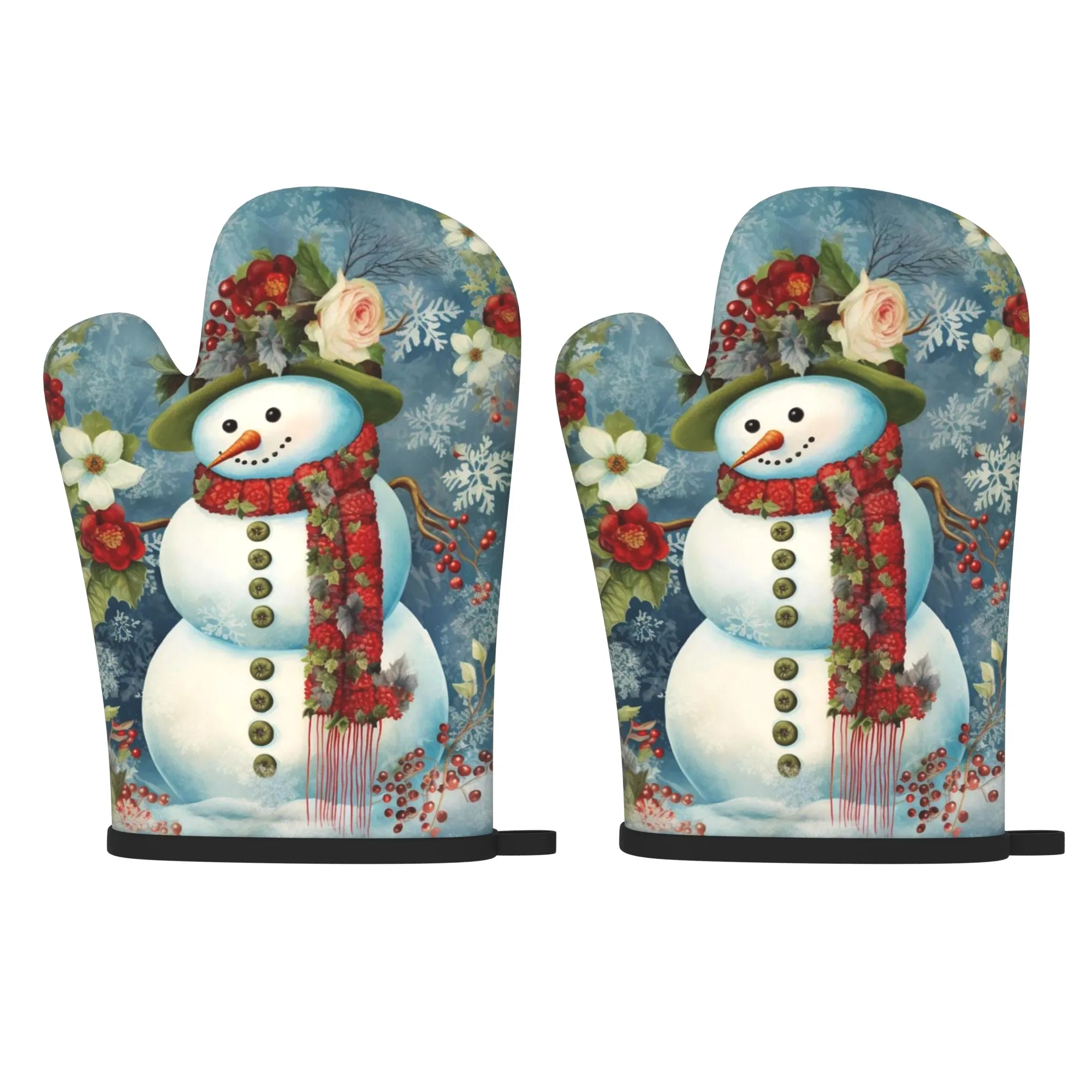 2pcs Set of Kitchen Oven Mitts, Size 10.6 X 6.7 Inches, Red And Green Christmas Snowman Design. These Heat-Resistant